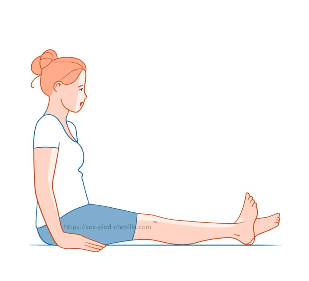 Femme assise jambes tendues, l’arrière des genoux pressé contre le plan du lit pour contracter les muscles des cuisses